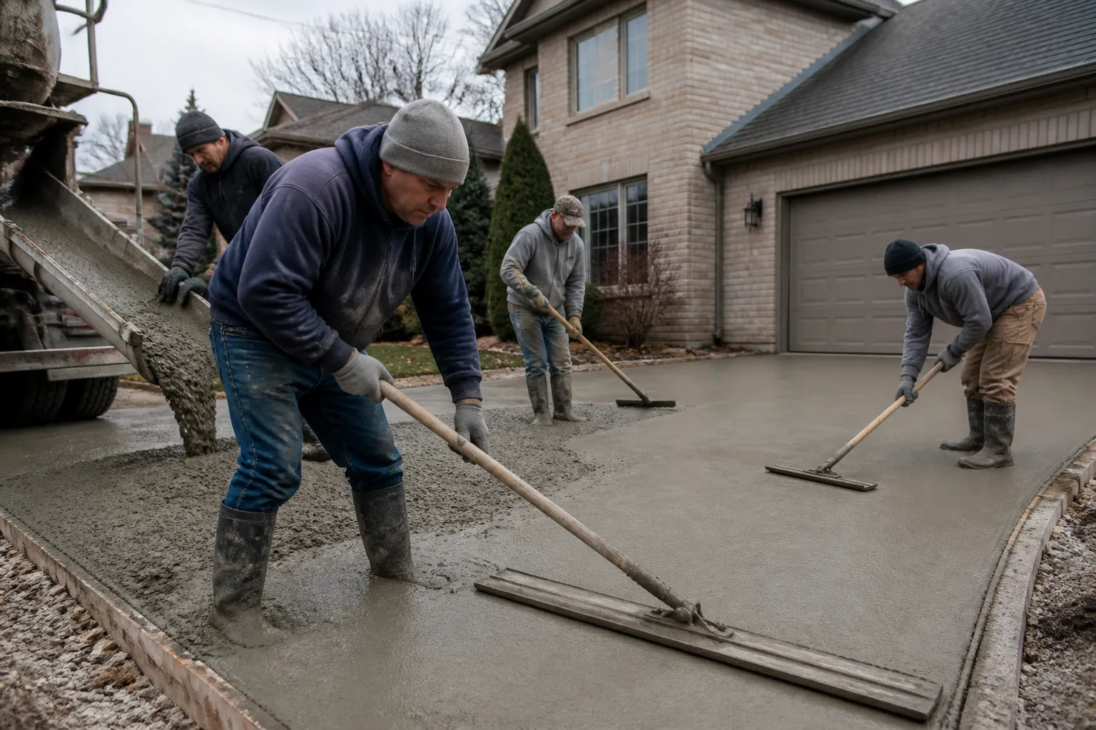 Concrete crew finishing a driveway